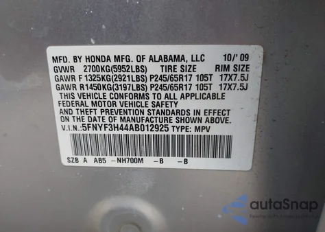 2010 Honda Pilot Ex z USA, uszkodzony, nr VIN 5FNYF3H44AB012925
